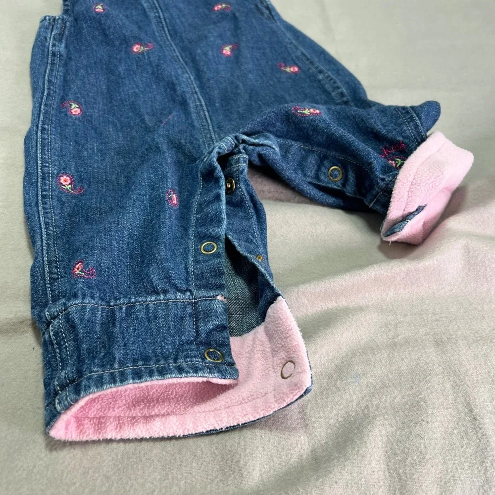 OshKosh Baby Denim Overalls Blue Embroidered Flowers Pink Fleece Trimmed 3-6M